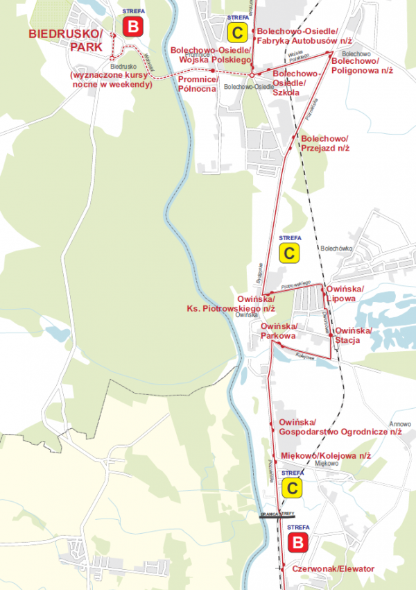 Mapa - schemat linii 342 - kursy nocne do Biedruska