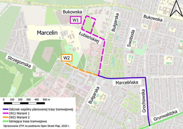 obrazek prezentujacy warianty ewentualnej trasy tramwajowej na Marcelin
