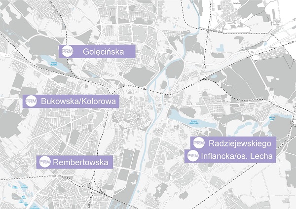 mapa z 5 nowymi lokalizacjami stref roweru 4G Poznanskiego Roweru Miejskiego